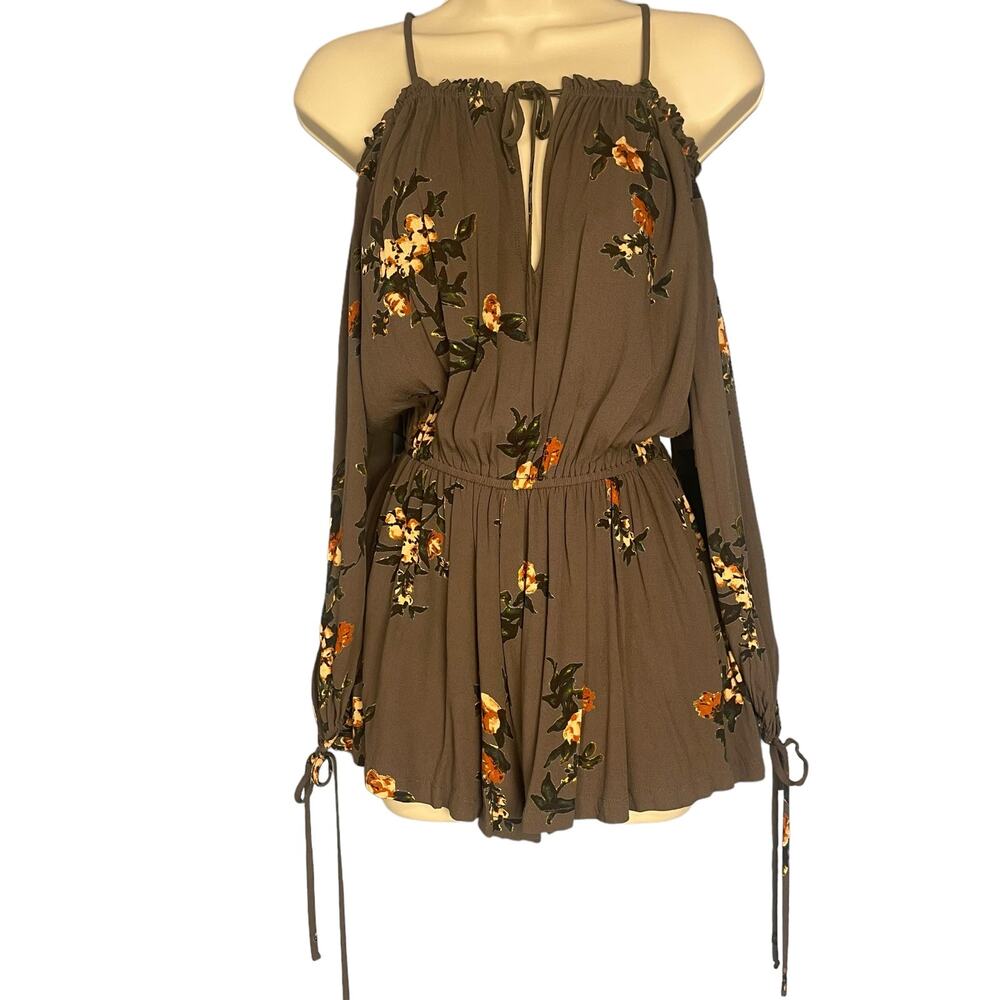 Free People Boho Off Shoulder Long Sleeves Floral Shorts Romper Olive Green XS - Picture 2 of 6
